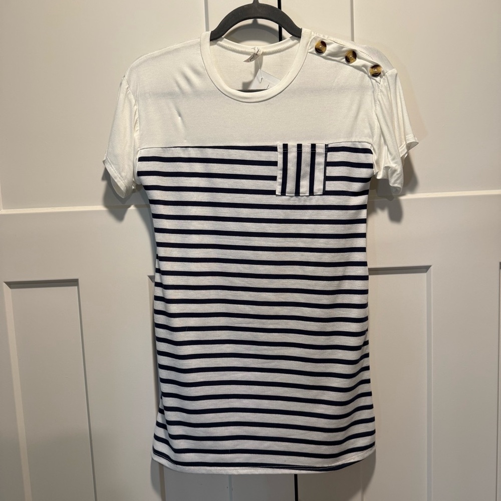 Striped Nautical Button Shoulder Tee in White and Navy Good Girl 8/9